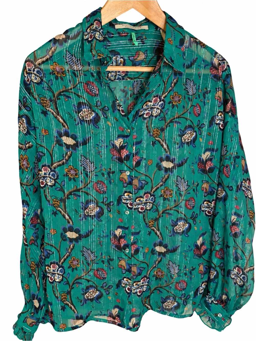 Scotch & Soda Maison Scotch Emerald Floral Sheer Metallic Blouse Size 6 - Picture 12 of 14